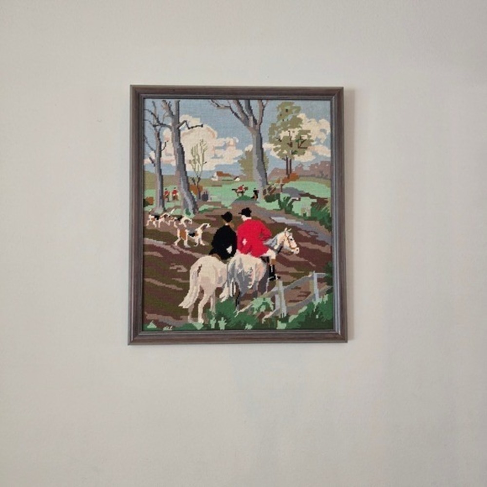Vintage Framed Needlepoint Fox Hunt Equestrian Scene Wall Art Tapestry Decor - Picture 8 of 13